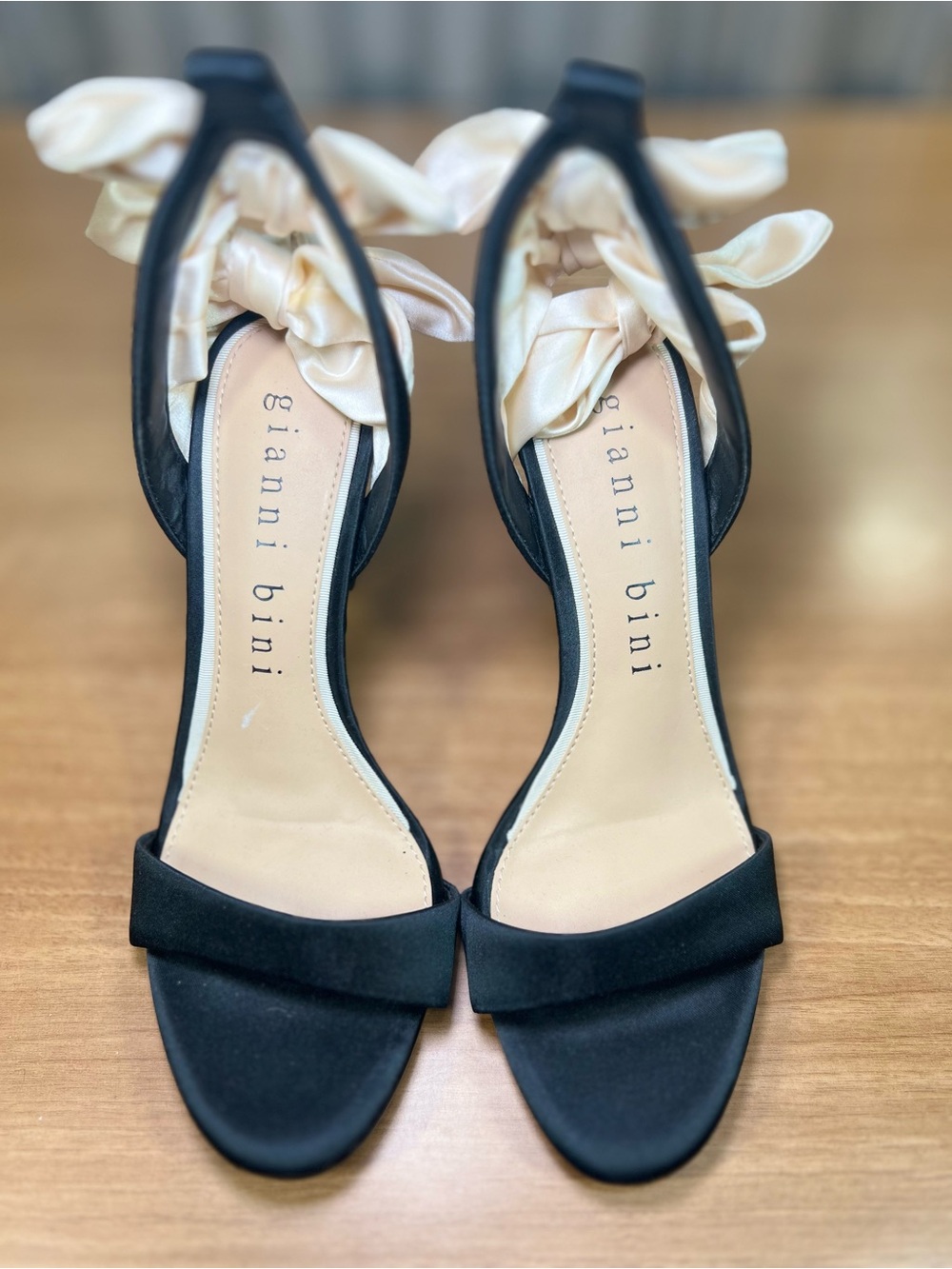 Gianni Bini Black Satin Bow Ankle-Tie Stiletto Sandals Size 6M